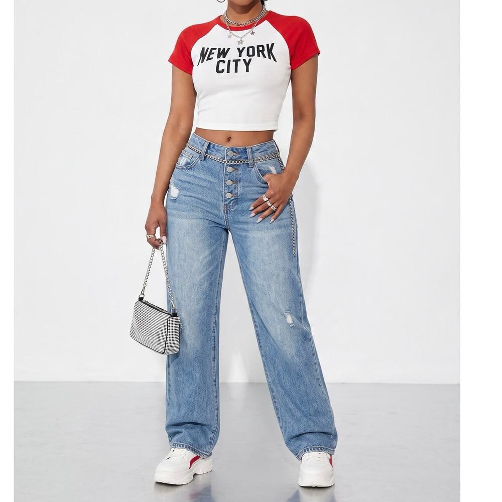 New York City Graphic Baby Tee- Red & White Ribbed NYC Raglan Crop Top- SM/MED
